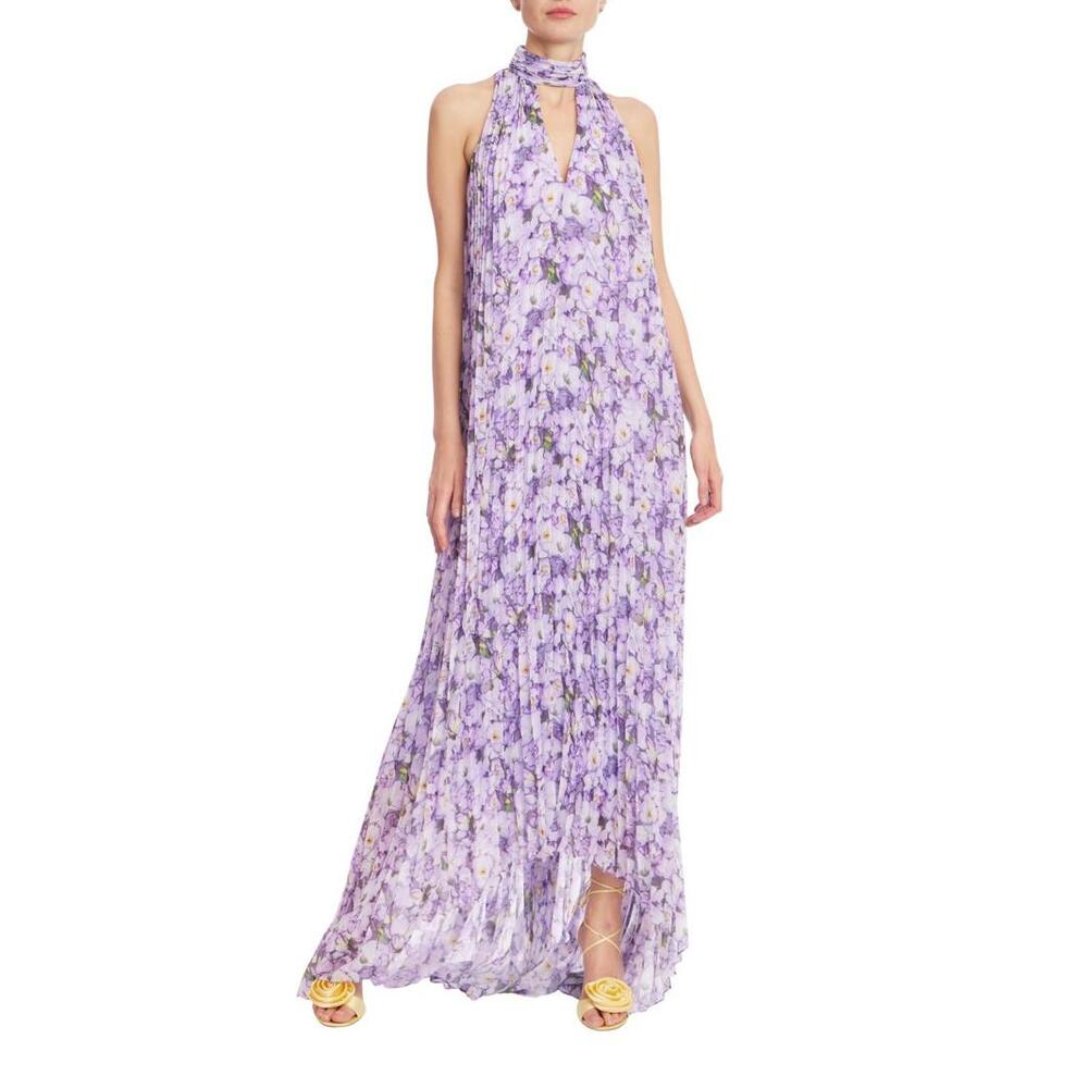 Badgley Mischka Floral Mock Neck Pleated Gown $595 Purple Garden Party sz 0